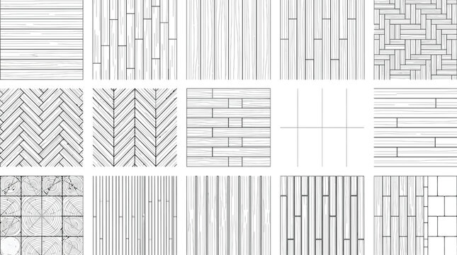 Collection of wood grain textures and plank flooring hatch patterns for architectural plans