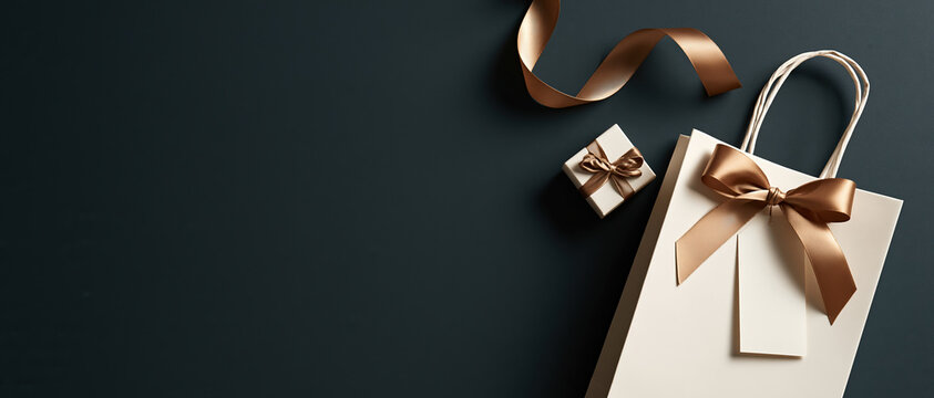 Elegant flat lay of a cream shopping bag tied with a satin gold bow, small wrapped gift, and curling ribbon on deep teal. Perfect for premium retail, holiday campaign, or seasonal sale.