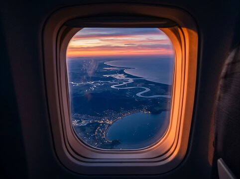View through airplane window on coastal town and winding river at sunset, with orange hues and dramatic sky, perfect for travel and landscape themes.