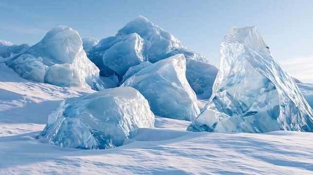 Majestic blue icebergs resting on a vast snowy landscape in polar sunlight
