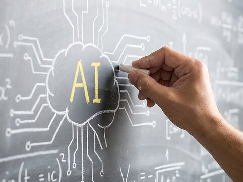 A close-up view of a hand drawing an artificial intelligence brain diagram with chalk on a blackboard in a classroom environment representing complex machine learning concepts
