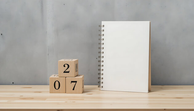 Stacked wooden blocks displaying numbers 2 0 2 7 placed beside spiral bound notebook with blank white cover on light surface against gray textured wall new year 2027