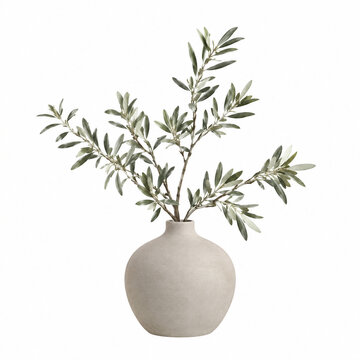 A simple, round ceramic vase holding green leafy branches, set against a plain white background, emphasizing natural beauty and minimalistic decor style.