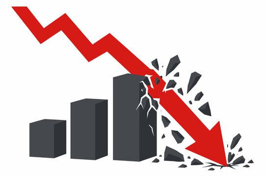 Financial crash vector concept, red downward arrow breaking bar chart, economic recession and stock market collapse