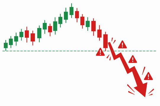 Stock market crash vector illustration, financial crisis candlestick chart with falling red arrow and warning icons