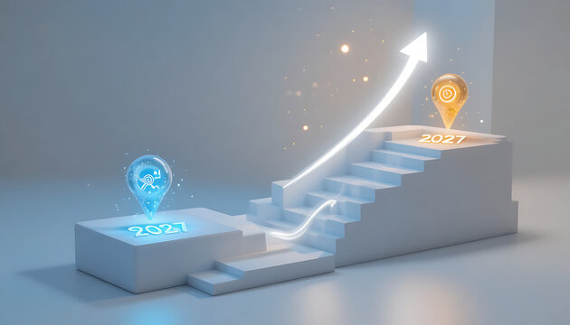 Stylized 3D illustration of staircase with blue marker labeled 2021 showing lightbulb icon and orange marker labeled 2027 showing target icon connected by upward arrow 2027 new year