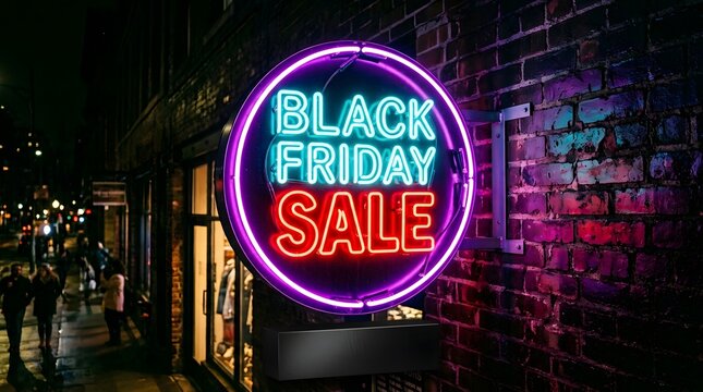 Round purple and cyan neon black friday sale sign on brick wall