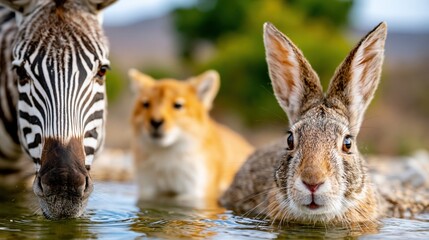 Obraz premium A zebra, fox, and rabbit playfully interact near water, showcasing the beauty of wildlife and the harmony of nature, highlighting the essence of animal companionship.