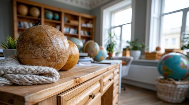 A view of beautifully detailed globes placed on a wooden desk surrounded by warm decor, illustrating a blend of education, travel and a cozy ambiance in an inspiring workspace.