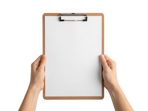 Hands holding a wooden clipboard with empty white paper isolated on transparent background