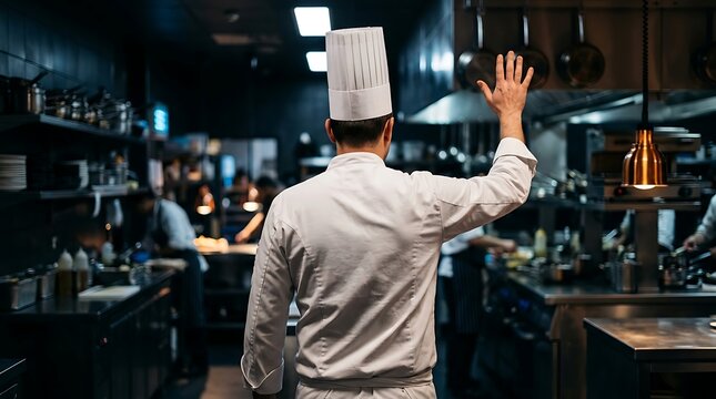 Chef in traditional white uniform and tall hat waving hand in busy professional kitchen with stainless steel equipment and other chefs working.