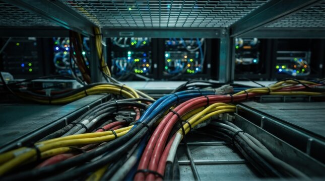 Color-coded cable trays and fiber wiring beneath server racks illustrate data center electrical infrastructure.