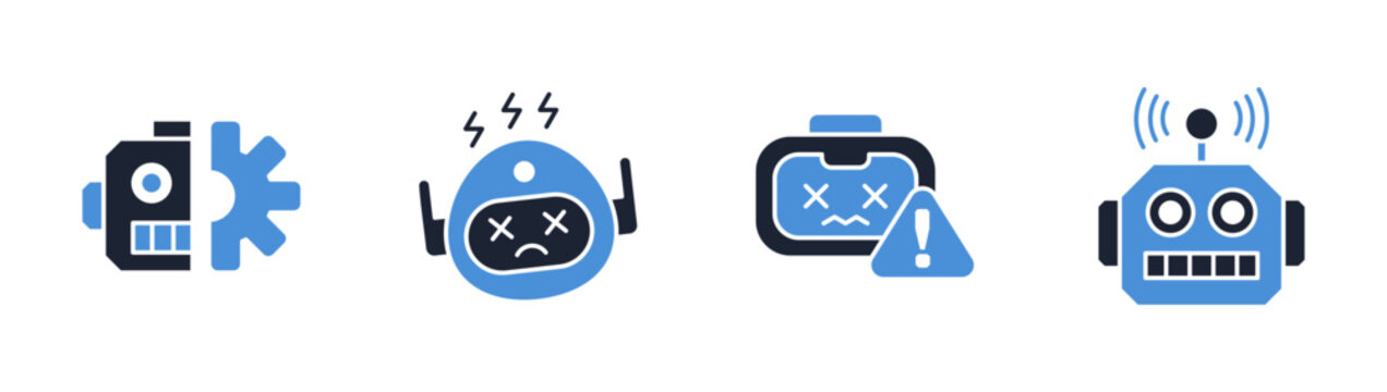 Futuristic robot icon set collection. Gear robot, broken machine, robot alert, connected robot, AI, technology, automation