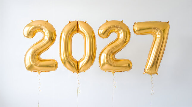 Golden 2027 year balloons floating against a clean white studio backdrop symbolizing future and celebration