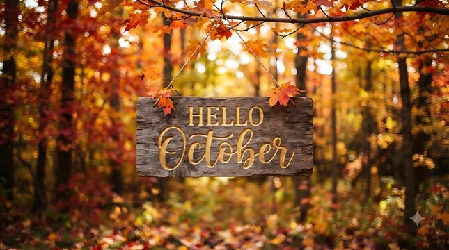 Hello october wooden sign hanging in autumn forest