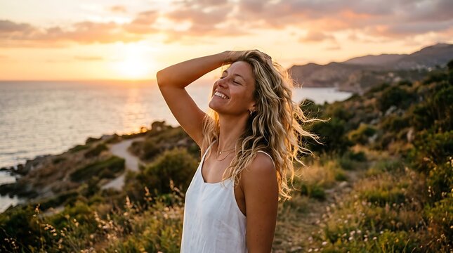 Woman enjoying the sunset on a beautiful coastal hillside