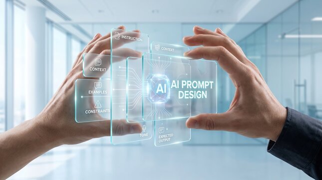 Business professional holding a transparent digital interface with data visualization and analytics in a modern office environment