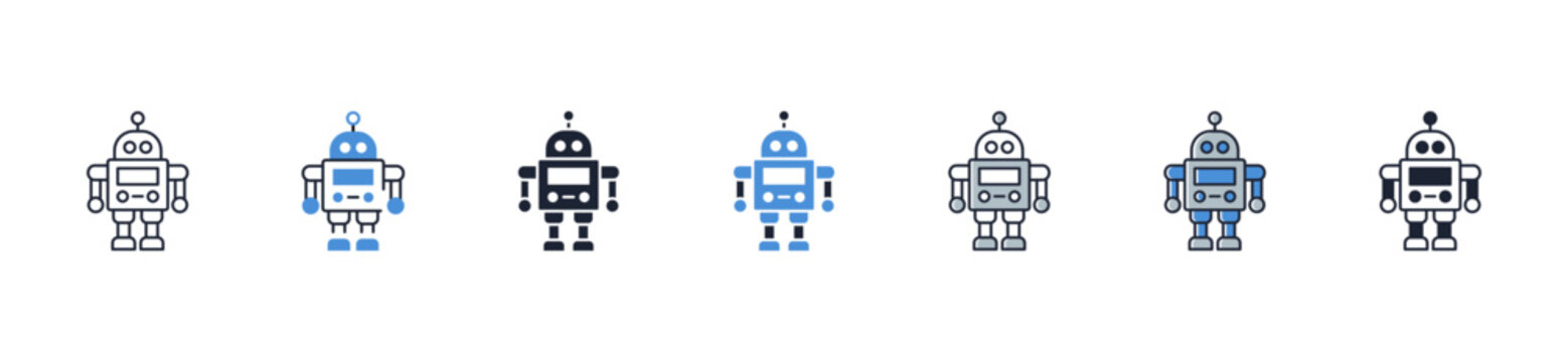 Humanoid robot full body icon set collection. AI character, android, futuristic machine, artificial intelligence, technology