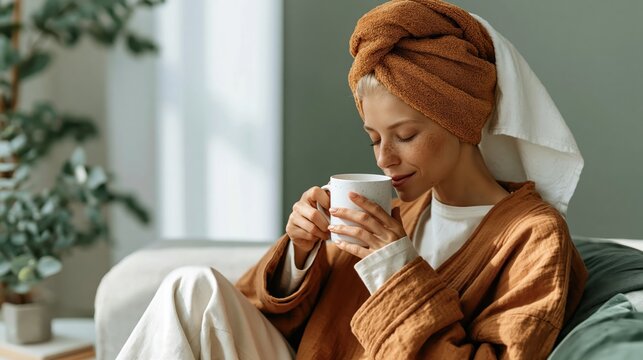 A woman with a towel on her head savors a warm drink in a cozy indoor setting, reflecting a moment of relaxation and comfort in her daily routine.