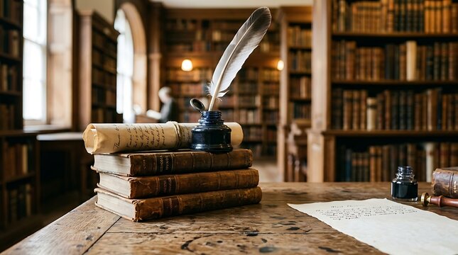 Quill pen and inkwell on stack of old books in library