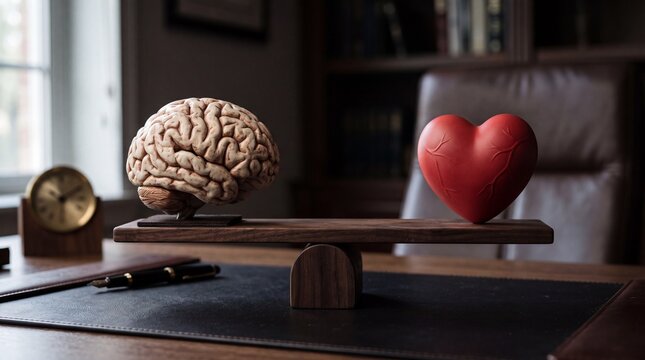 Wooden scale balancing human brain model and red heart shape on executive desk, representing rational thought, emotional intelligence and business decision making