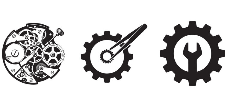Mechanical clockwork gears and watch repair tool icons including tweezers wrench and complex mechanism. vector Illustrator Eps 10