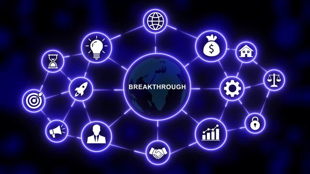 Digital breakthrough concept featuring a glowing neon globe connected to business and technology in a futuristic network interface for corporate strategy, innovation, and global connectivity projects