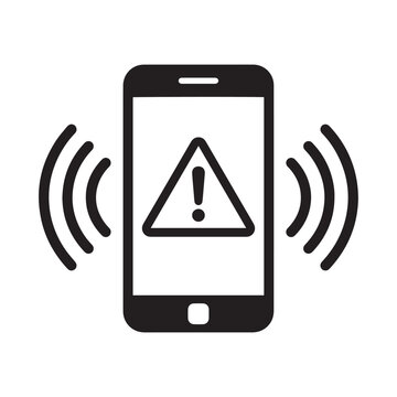 A black and white smartphone icon showing an alert notification symbol with radiating signal lines indicating urgent mobile warnings