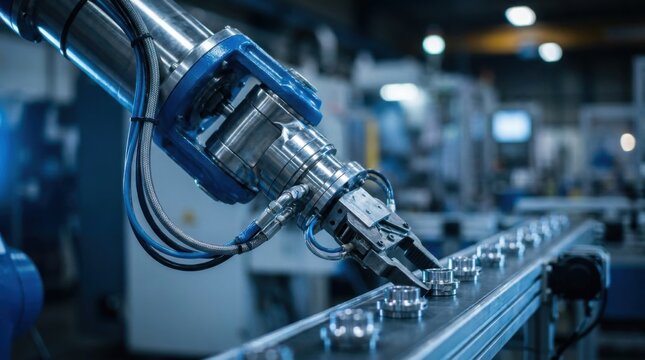 Robotic arm joint and gripper reaching toward a conveyor belt with precision components and visible hydraulic lines in a factory