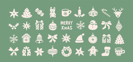 Obraz premium Set of hand drawn vintage Christmas decorative icons. Xmas holiday graphic elements. Cute Christmas tree, snowman, candy, gift, bow, deer, snowflake, winter decoration. Vector illustration.