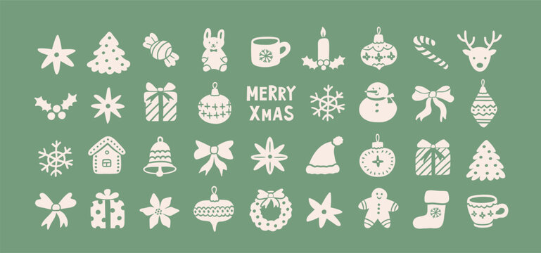 Set of hand drawn vintage Christmas decorative icons. Xmas holiday graphic elements. Cute Christmas tree, snowman, candy, gift, bow, deer, snowflake, winter decoration. Vector illustration.