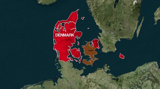 Denmark geographical map animation showing political borders with brown zealand region in a high quality video