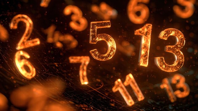 A dark mathematical space features glowing amber forms of prime numbers like 2, 3, 5, 7, 11, and 13, highlighting their significance in math.