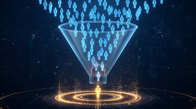 Futuristic lead generation sales funnel concept depicting multiple blue digital user avatars filtered down to single highlighted golden customer on dark background.