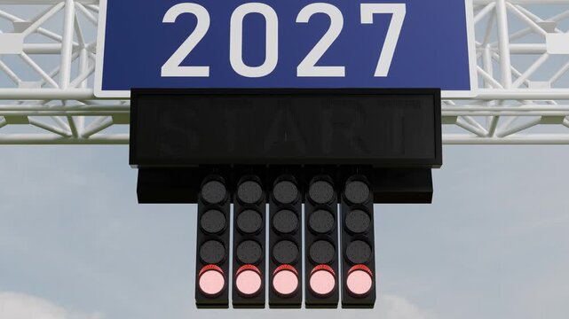 car racing starting lights sequence signalling the beginning of the start to 2027 year.concept of happy new year,start,begin,career path,business strategy,opportunity and change