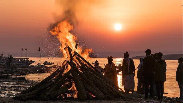 Hindu funeral pyre burning on the Ganges riverbank in Varanasi at sunset, with orange flames rising from stacked wood as priests and mourners gather for traditional last rites.