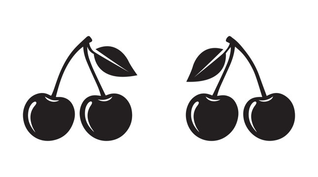 Two pairs of black cherry icons with leaves isolated on a white background for food and fruit design