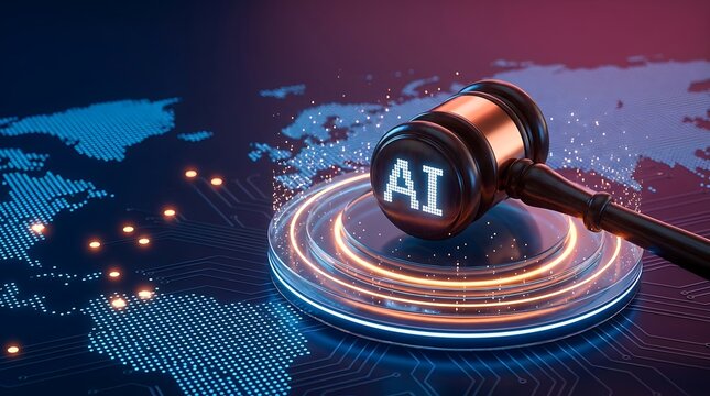 Gavel with AI text on digital world map background representing artificial intelligence law and global technology advancements for legal proceedings.
