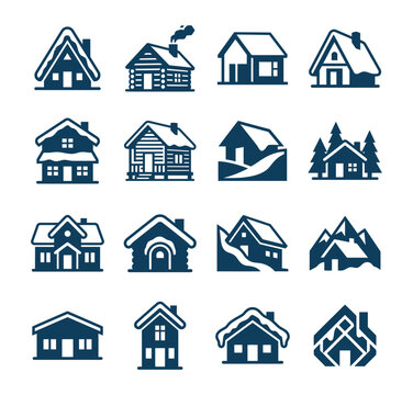 Winter Cabin Vector Icons, Cozy House and Mountain Lodge Set