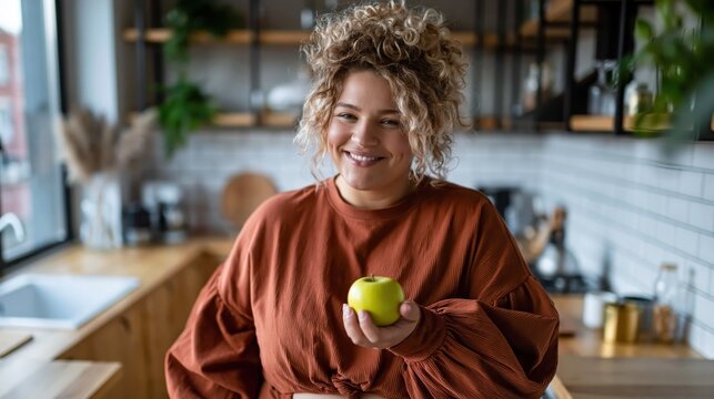 A joyful woman with curly hair smiles while holding a green apple in her cozy kitchen, reflecting health, wellness, and a vibrant lifestyle in a beautifully designed space.