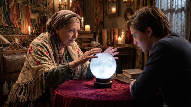 Elderly woman reading crystal ball for fortune telling with a young man