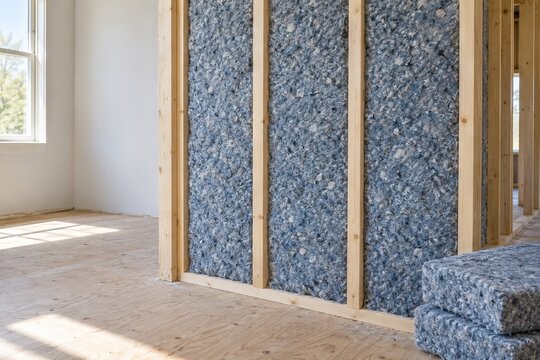 Recycled Textile Insulation Installed Between Timber Wall Studs in Sustainable Construction
