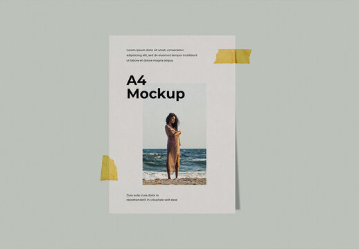 A4 Poster Mockup Taped to Wall with Yellow Masking Tape