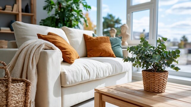 A serene living room filled with natural light, showcasing a cozy couch with accent pillows, plants, and warm textiles, reflecting modern aesthetics and comfort in home design.