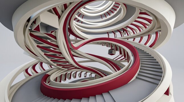 3d render of a spiral staircase, red and white parametric structure 