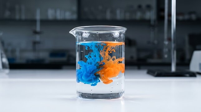 Blue and orange ink swirling in water inside laboratory beaker, abstract fluid dynamics experiment for science and education.