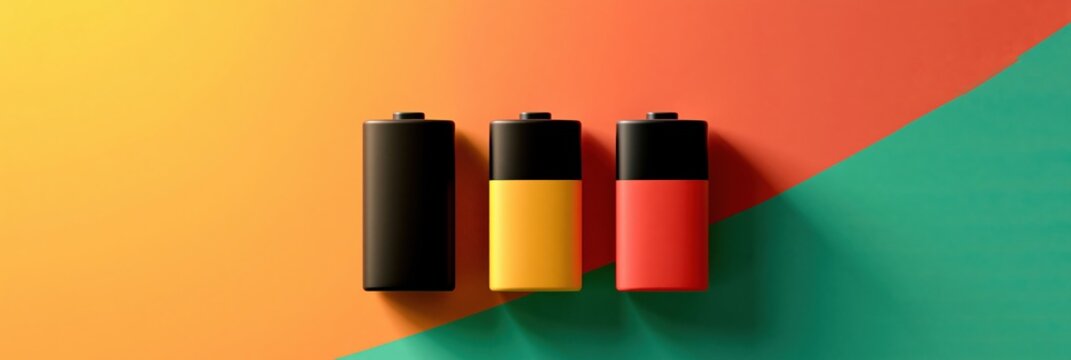 Three alkaline batteries with varying power charge levels on colorful background, energy efficiency concept