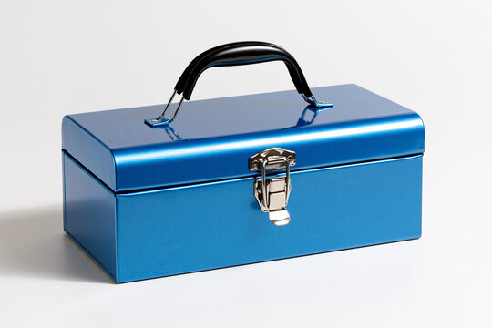 Blue metal toolbox with black handle and metal latch