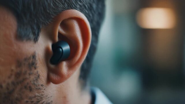 Close-up of a man wearing a wireless Bluetooth earbud for phone calls or music in a modern office