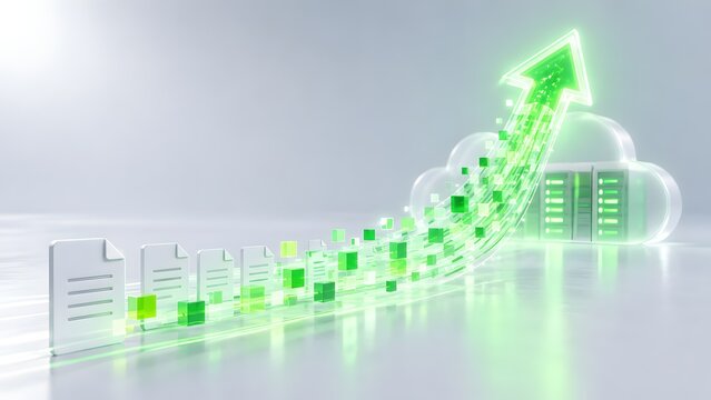 Glowing green arrow ascending from digital documents to cloud server representing data migration and digital transformation